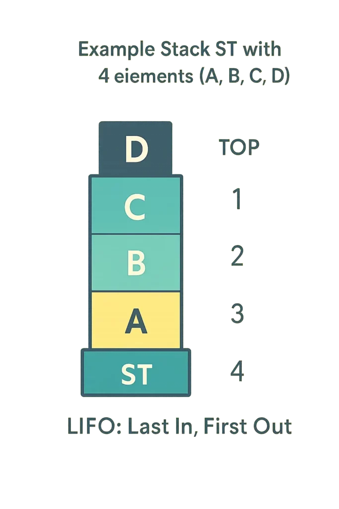 Infographic of Stack ST with four elements—A at position 1, B at 2, C at 3, and D at 4—illustrating LIFO order; an arrow marks D as the current top.